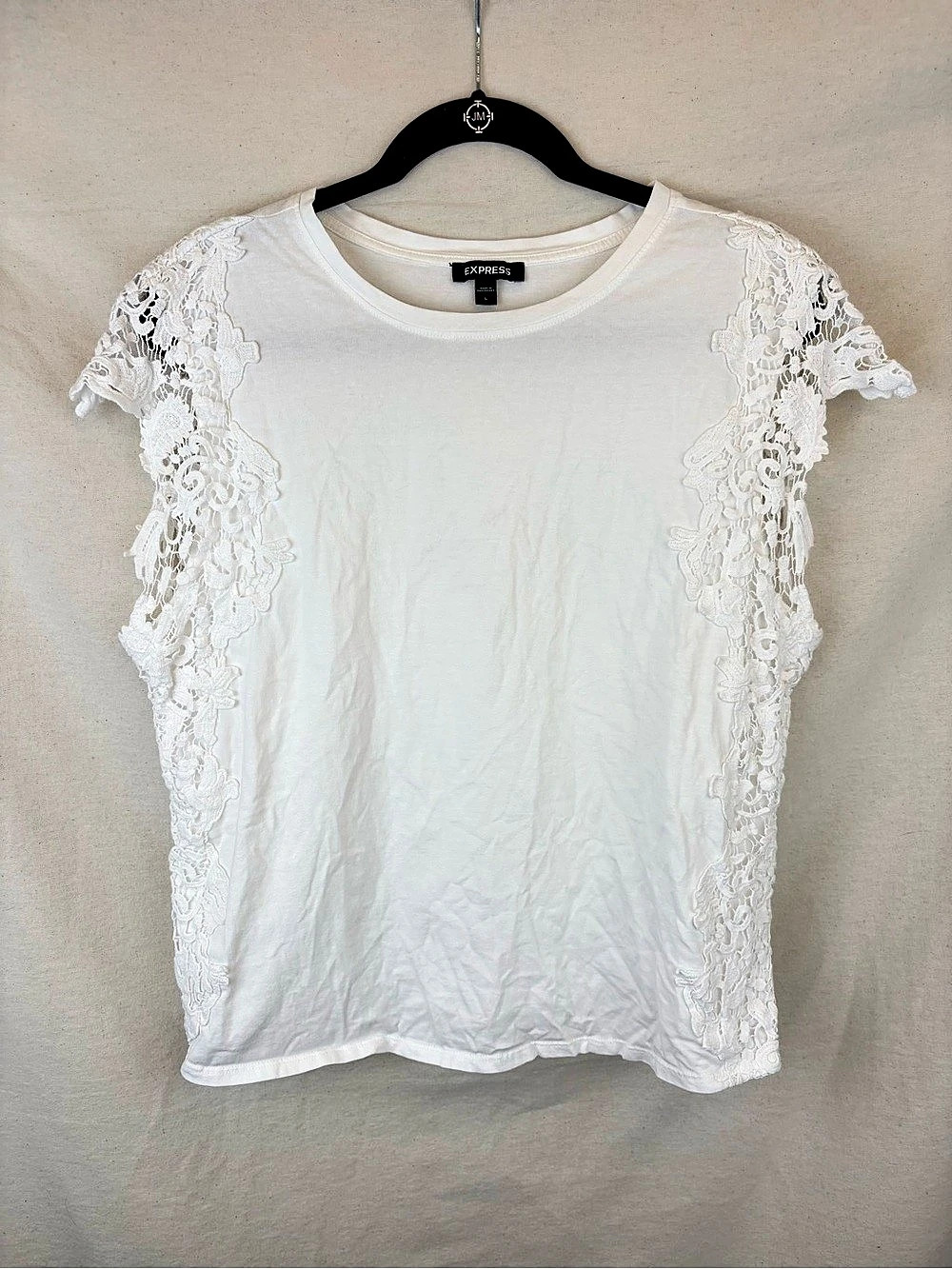 Express Lace Sleeve Cotton Top in White Large Like New